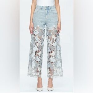 Bayeas High Waist Crystal Embellished Lace Wide Leg Jeans
